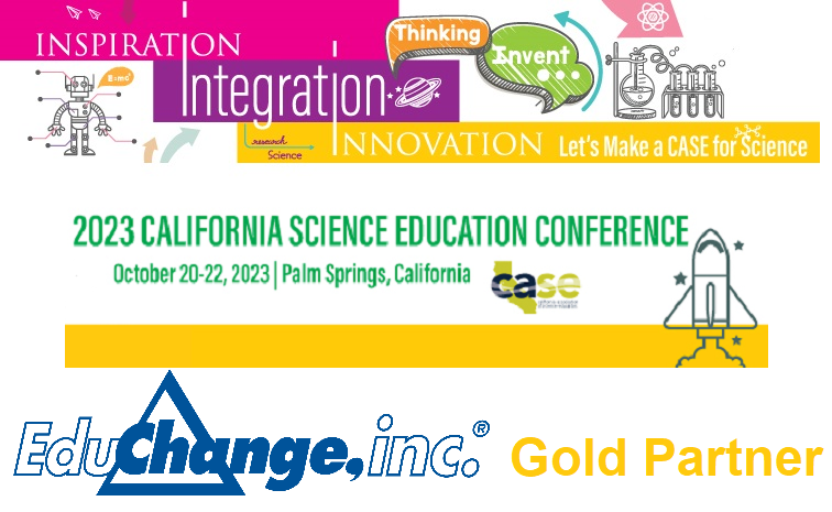 The CASE Conference Logo, and the EduChange Logo for the Gold Parntership at this CASE Conference in Palm Springs, CA in October 2023