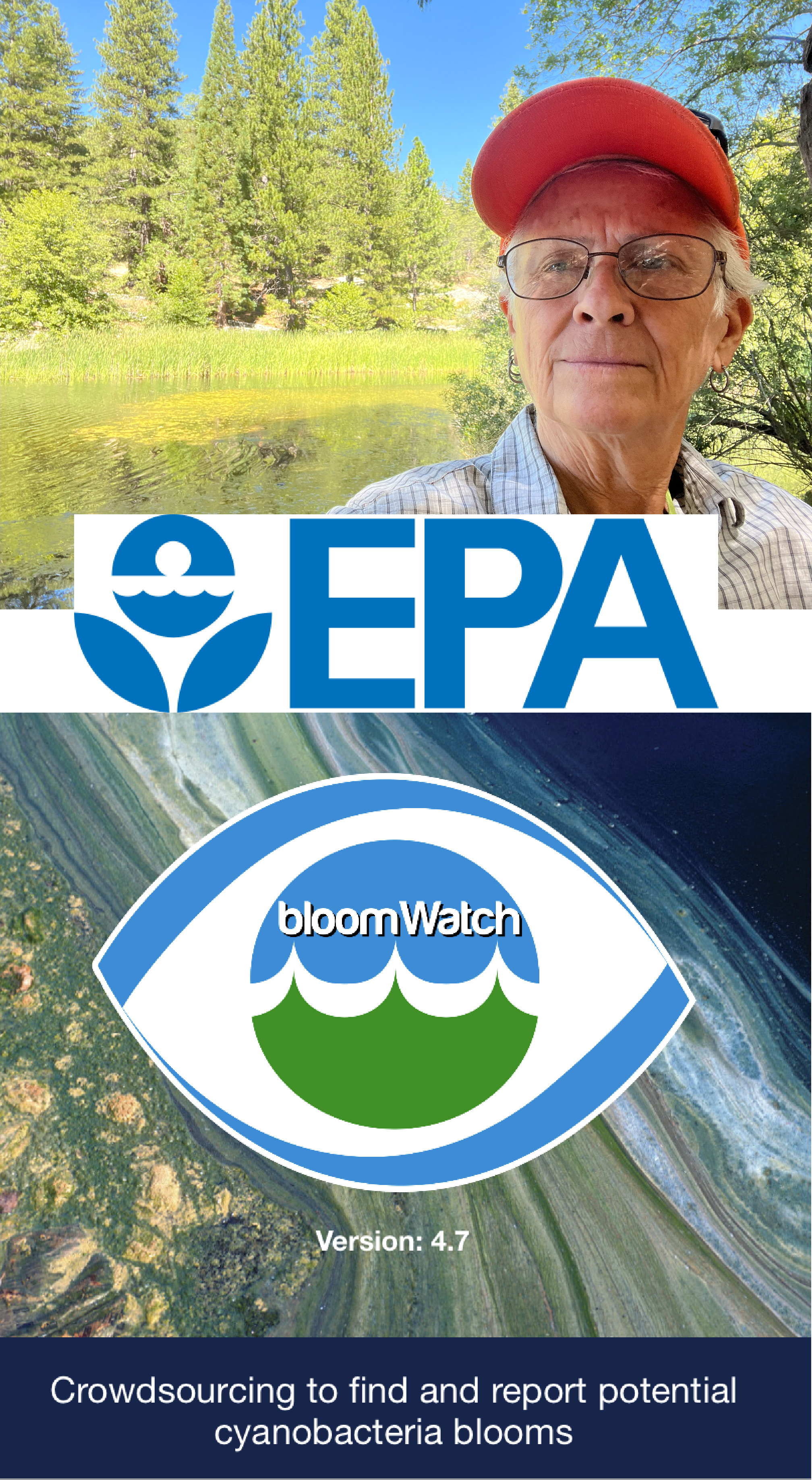 EPA Logo and Bloomwatch App UI with EduChange Team member Dr. Ann Kindfield taking a selfie of her local bloom data