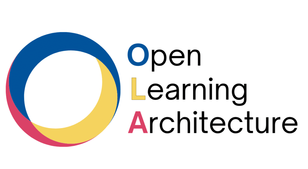 A mobius strip circle logo with blue, gold and pink. Open Learning Architecture